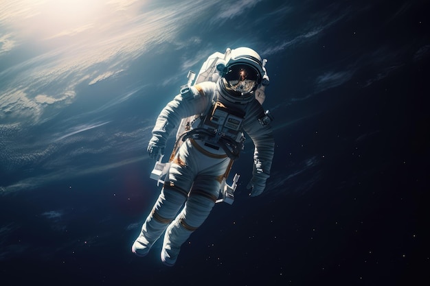 Um astronauta flutuando no espaço com o planeta Terra ao fundo.