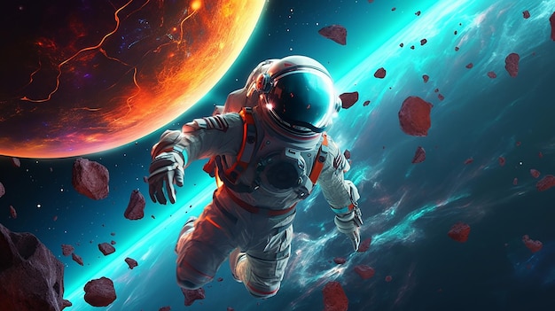 Um astronauta flutuando no espaço com um planeta ao fundo.