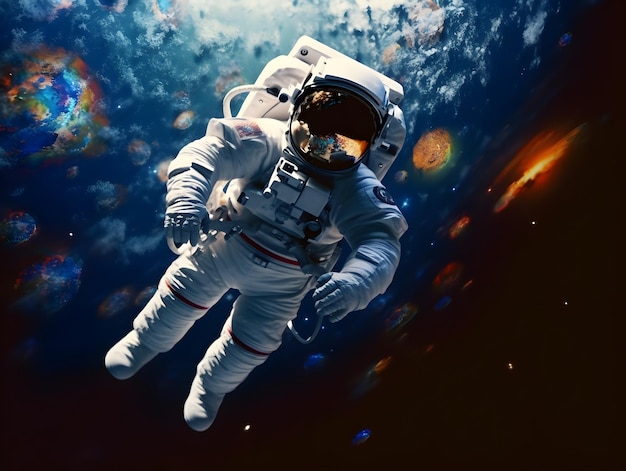 Um astronauta flutuando pelo espaço durante uma caminhada espacial cercado pela extensão infinita da arte cósmica