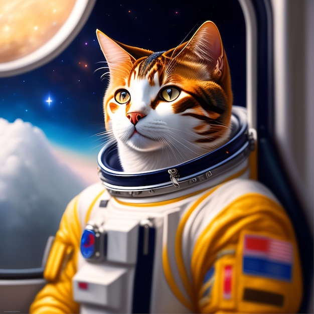 Um astronauta gatinho preto e branco com raquetes de neve Um gato se assusta ao ver um OVNI estel