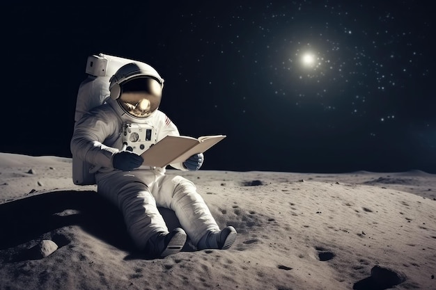 Um astronauta lê um livro na lua Generative AI