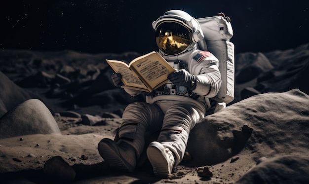 Foto um astronauta lendo um livro na superfície da lua