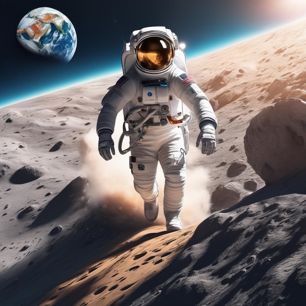 Um astronauta na lua com a terra ao fundo