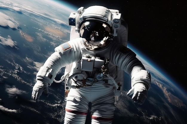 Um astronauta no espaço com o planeta Terra ao fundo