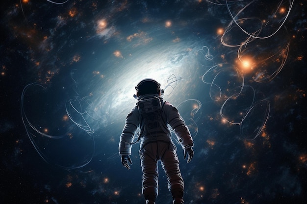 Um astronauta no espaço com uma nebulosa ao fundo