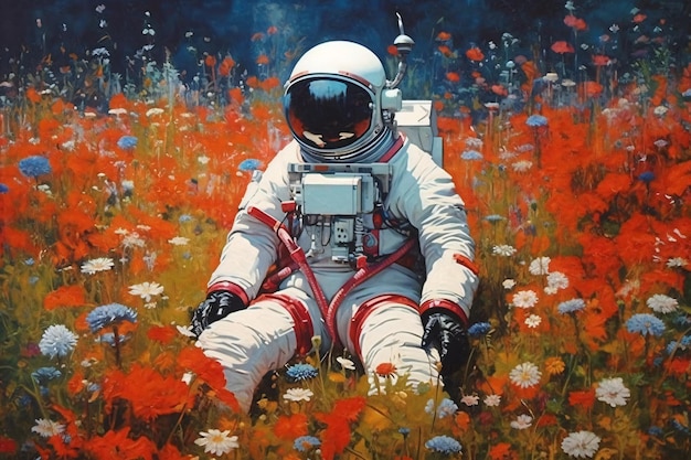 Um astronauta noutro planeta num campo de flores coloridas