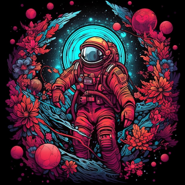 Um astronauta num fato espacial e flutuando no espaço Um astronauta engraçado e bonito e um planeta de flores