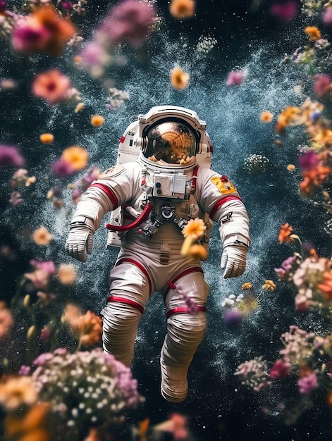 Um astronauta num fato espacial e flutuando no espaço Um astronauta engraçado e bonito e um planeta de flores