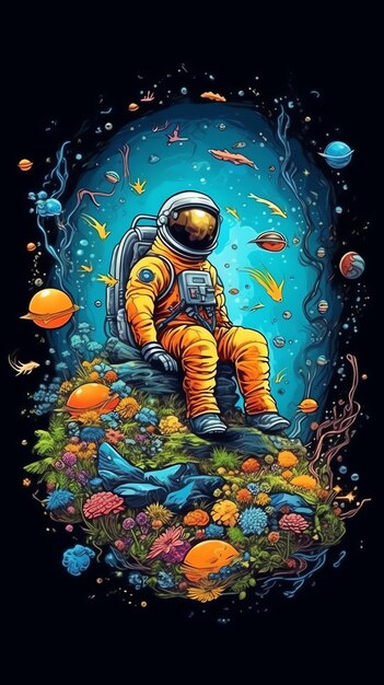 Um astronauta num fato espacial e flutuando no espaço Um astronauta engraçado e bonito e um planeta de flores