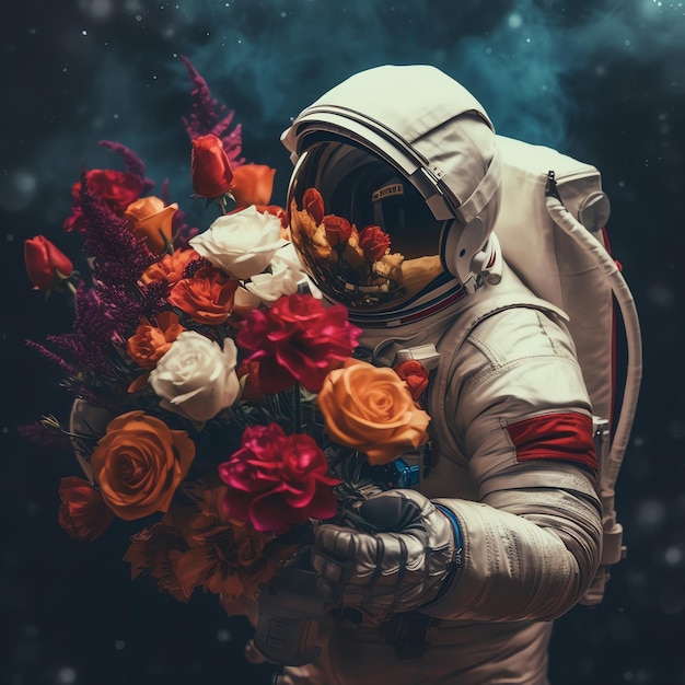 Foto um astronauta num fato espacial e flutuando no espaço um astronauta engraçado e bonito e um planeta de flores
