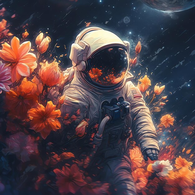 Foto um astronauta num fato espacial e flutuando no espaço um astronauta engraçado e bonito e um planeta de flores