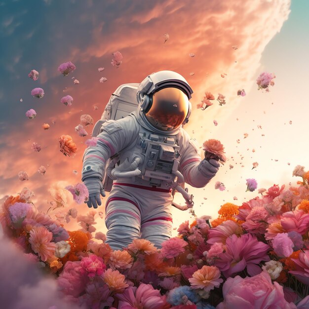 Um astronauta num fato espacial e flutuando no espaço Um astronauta engraçado e bonito e um planeta de flores