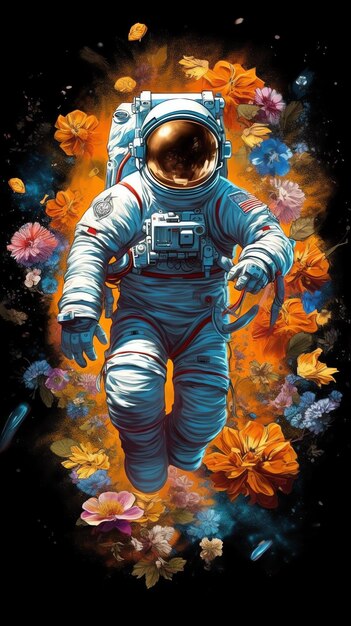 Um astronauta num fato espacial e flutuando no espaço Um astronauta engraçado e bonito e um planeta de flores