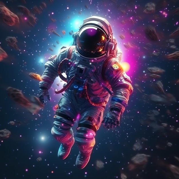 Um astronauta num fato espacial e flutuando no espaço Um astronauta engraçado e bonito e um planeta de flores