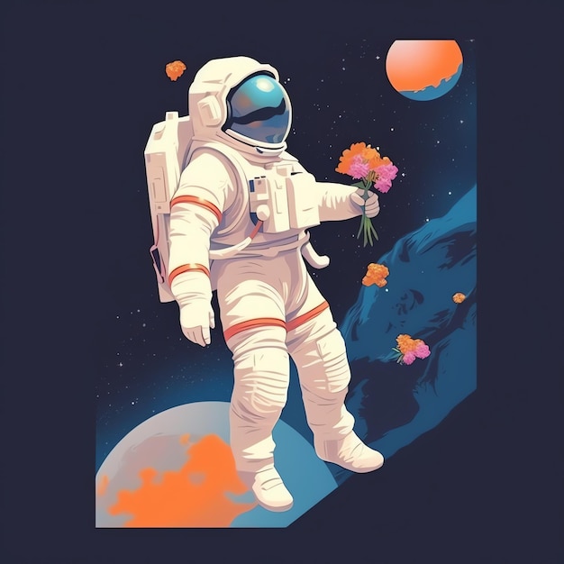 Um astronauta num fato espacial e flutuando no espaço Um astronauta engraçado e bonito e um planeta de flores