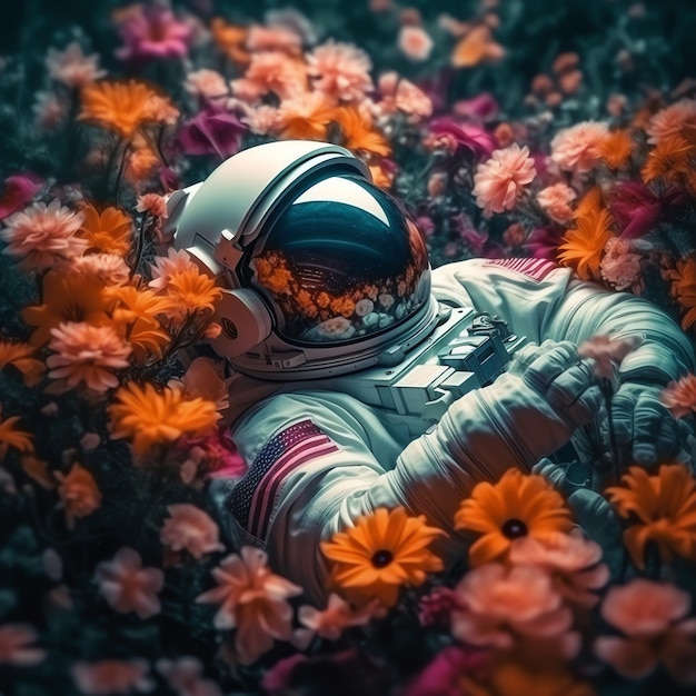 Um astronauta num fato espacial e flutuando no espaço Um astronauta engraçado e bonito e um planeta de flores