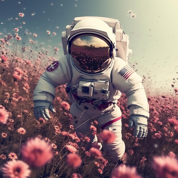 Foto um astronauta num fato espacial e flutuando no espaço um astronauta engraçado e bonito e um planeta de flores