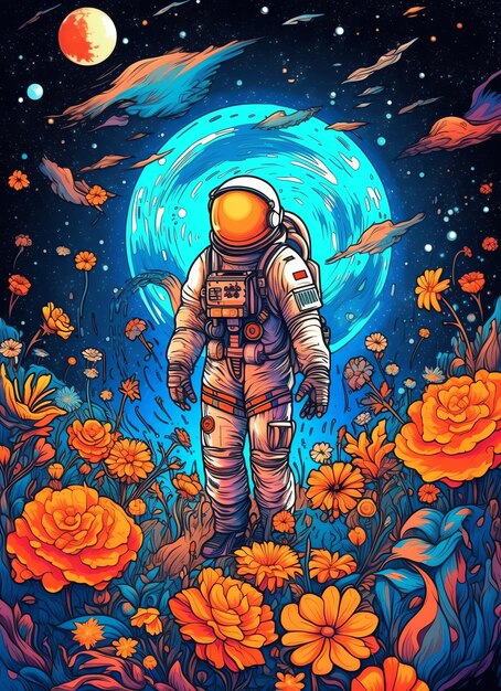 Foto um astronauta num fato espacial e flutuando no espaço um astronauta engraçado e bonito e um planeta de flores