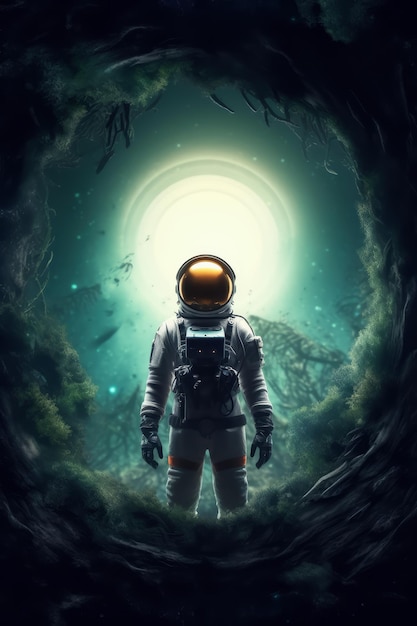Um astronauta num planeta alienígena exótico.