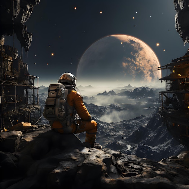 Um astronauta ou astronauta sentado na lua