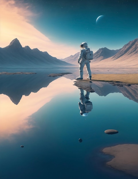 Um astronauta parado no meio de uma paisagem de ficção científica