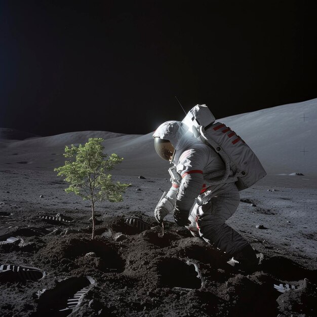 Foto um astronauta plantando uma árvore na lua