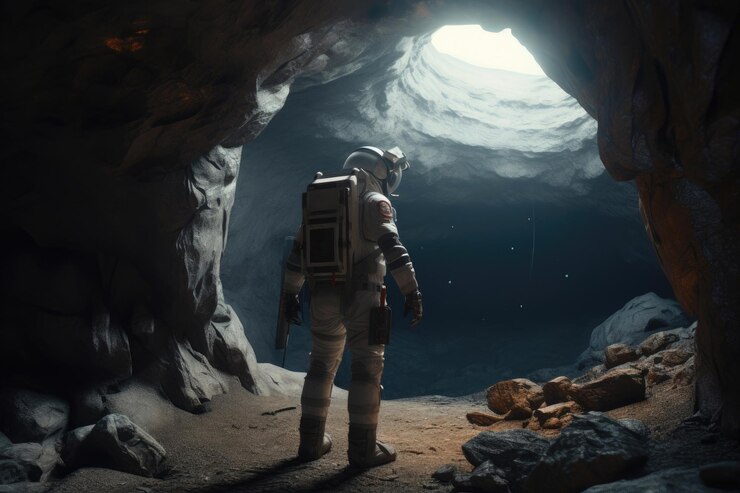 Foto um astronauta sai de uma caverna lunar ia generativa