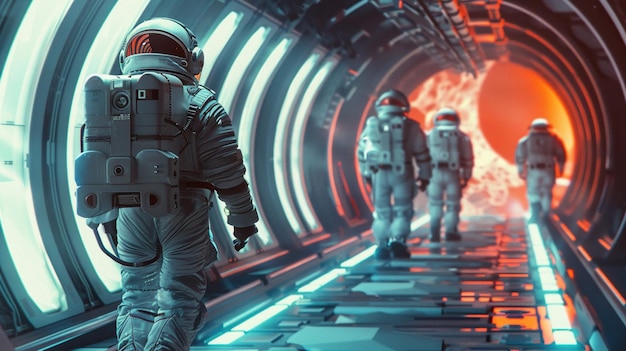 Um astronauta se move em direção a um portal futurista em um túnel cibernético