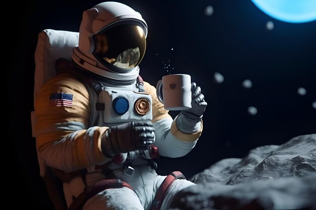 Um astronauta segura uma xícara de café na superfície da lua Generative AI 2