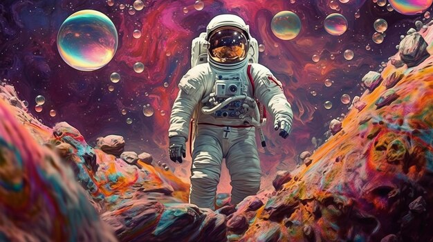 Um astronauta solitário em pé na superfície de um planeta desolado Generative ai