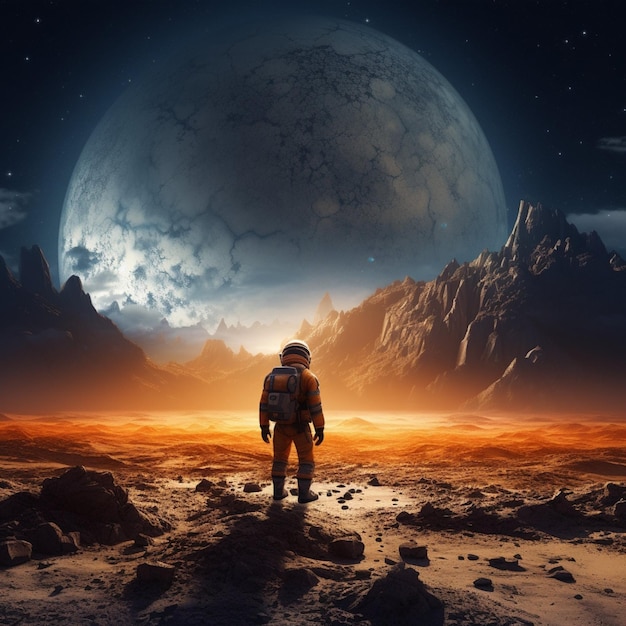 um astronauta solitário explorando uma paisagem alienígena