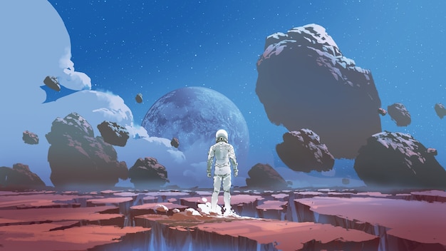 Um astronauta sozinho em um planeta deserto, estilo de arte digital, pintura de ilustração