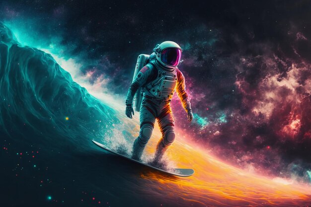 Um astronauta surfando na nebulosa