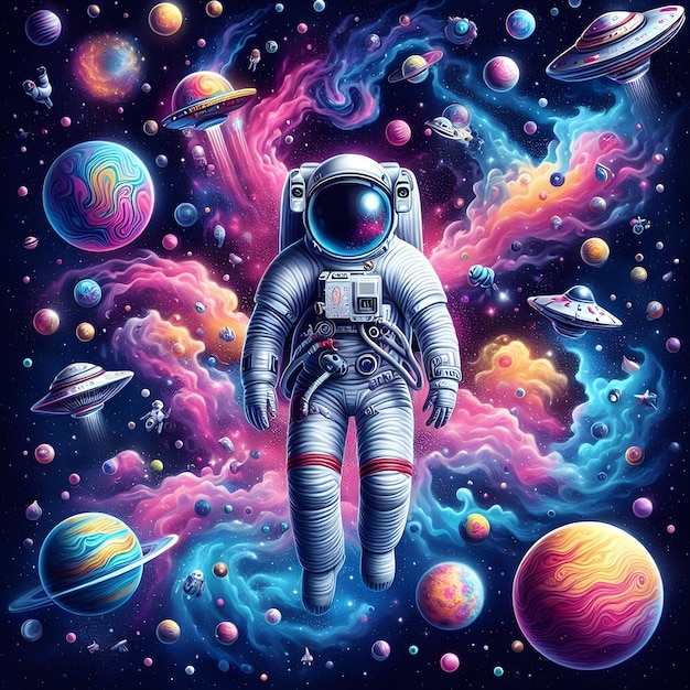 Um astronauta vestido com um traje espacial com capacete refletor flutua em meio a um cosmos caprichoso