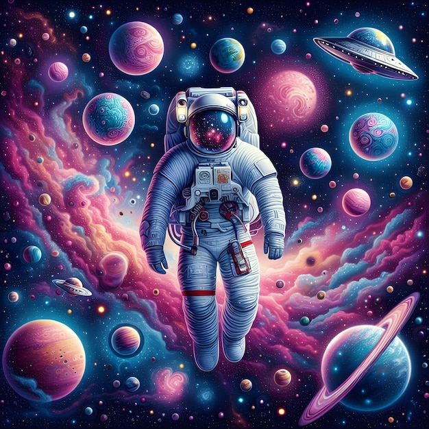 Um astronauta vestido com um traje espacial com capacete refletor flutua em meio a um cosmos caprichoso