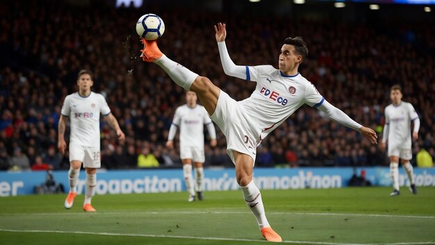 Foto um atacante de futebol bate na bola com um chute acrobático durante uma partida em um estádio