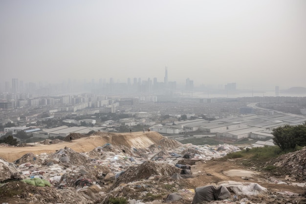 Um aterro com vista para a paisagem urbana com arranha-céus e poluição visível ao fundo