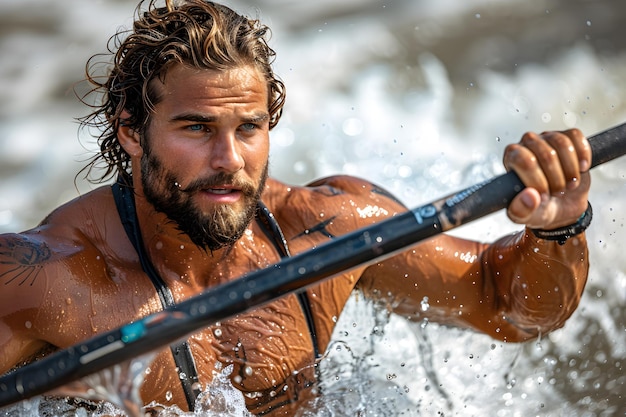 Um atleta com uma barba remando em um evento de competição esportiva