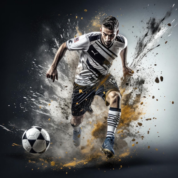 um atleta está chutando a bola no estilo de emulsão líquida impressa em branco escuro e cinza escuro