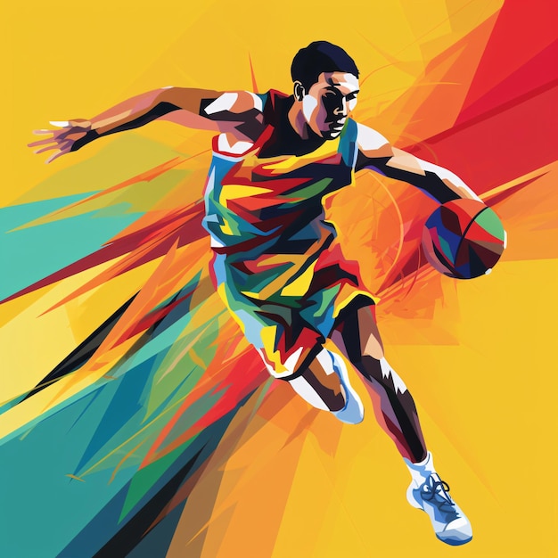 um atleta jogando basquete em uma quadra com linhas extremamente atléticas em um estilo minimalista