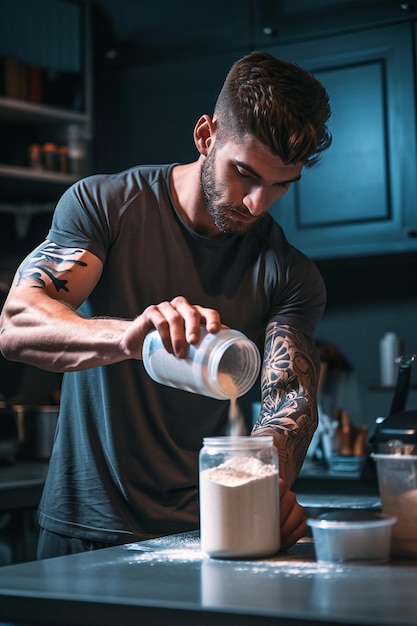 Foto um atleta masculino prepara um batido de proteína