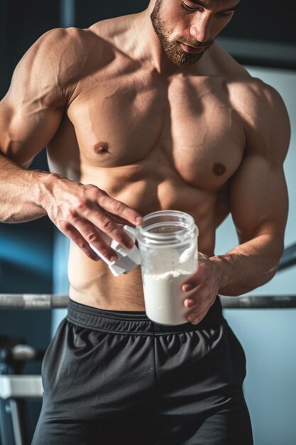 Foto um atleta masculino prepara um batido de proteína