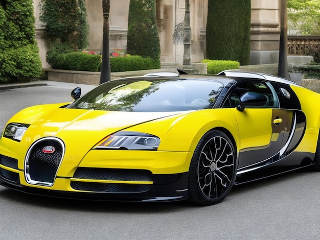 Um atraente Bugatti Veyron vibrante com uma pintura preta e amarela e um acabamento verde brilhante