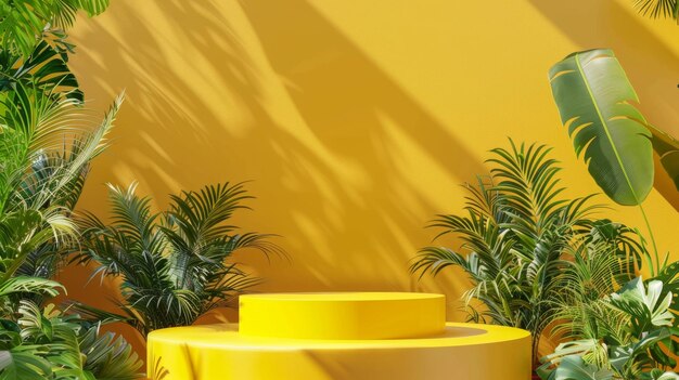 Um atrativo pódio amarelo decorado com plantas tropicais para exibição de produtos em um fundo amarelo