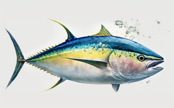 Foto um atum desenhado em ilustrações de comida de frutos do mar orgânicos em aquarela de fundo branco gerada ai