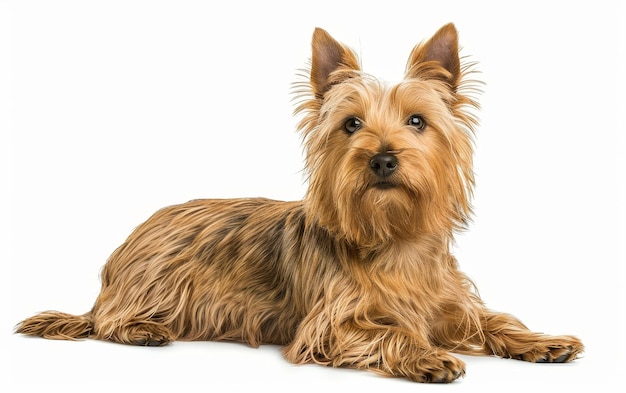 Foto um australian silky terrier deita-se elegantemente sua longa pelagem sedosa e expressão aguda refletindo um animal de estimação bem cuidado suas orelhas alegres sugerem um temperamento animado