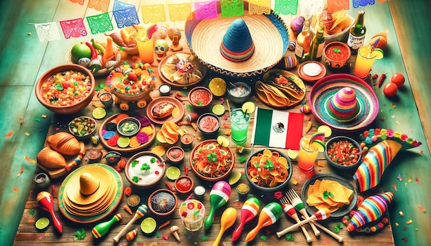 Um autêntico banquete mexicano com uma decoração colorida de festa em uma mesa de madeira