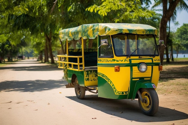 Um autocarro amarelo e verde com as palavras " autocarro " no lado.