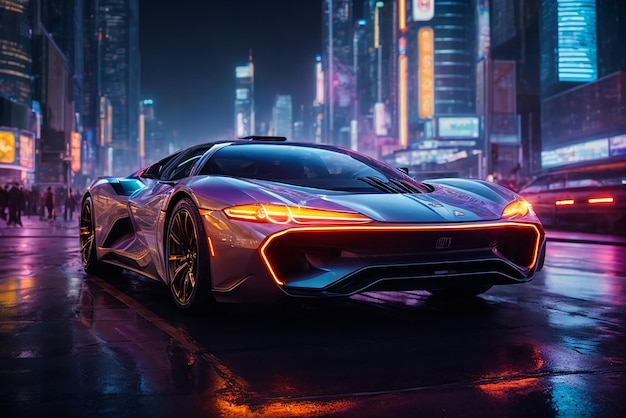 um automóvel desportivo futurista numa cidade de néon e uma paisagem urbana cyberpunk com carro