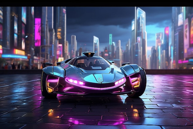 um automóvel desportivo futurista numa cidade de néon e uma paisagem urbana cyberpunk com carro